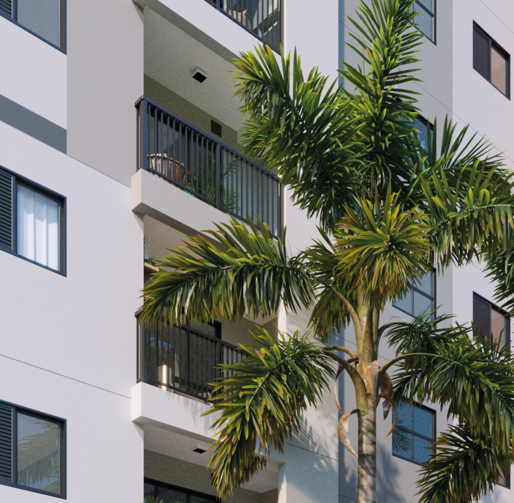 Fachada moderna com varandas e paisagismo tropical