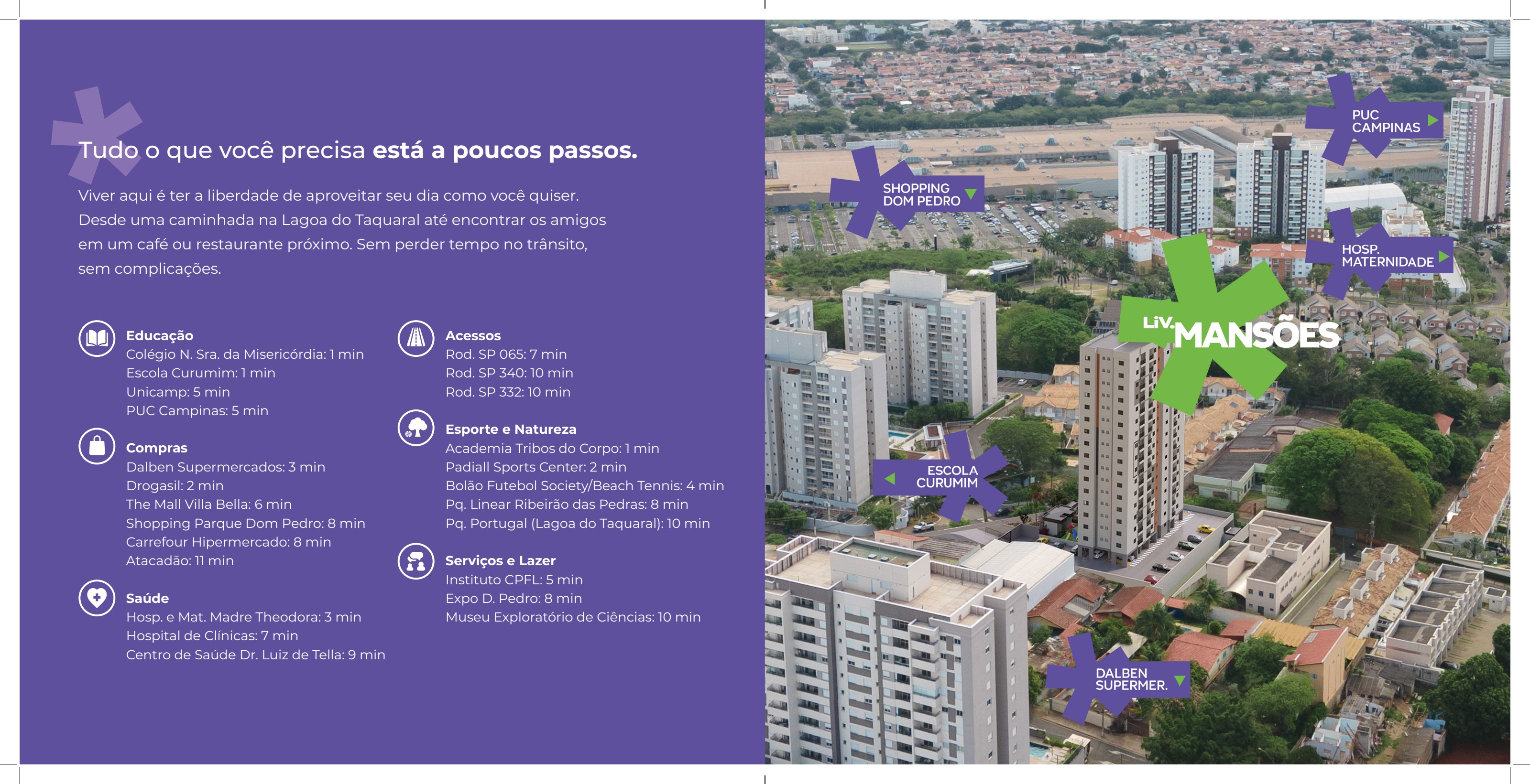 Mapa aéreo mostrando o Liv. Mansões e os principais pontos ao redor em Campinas
