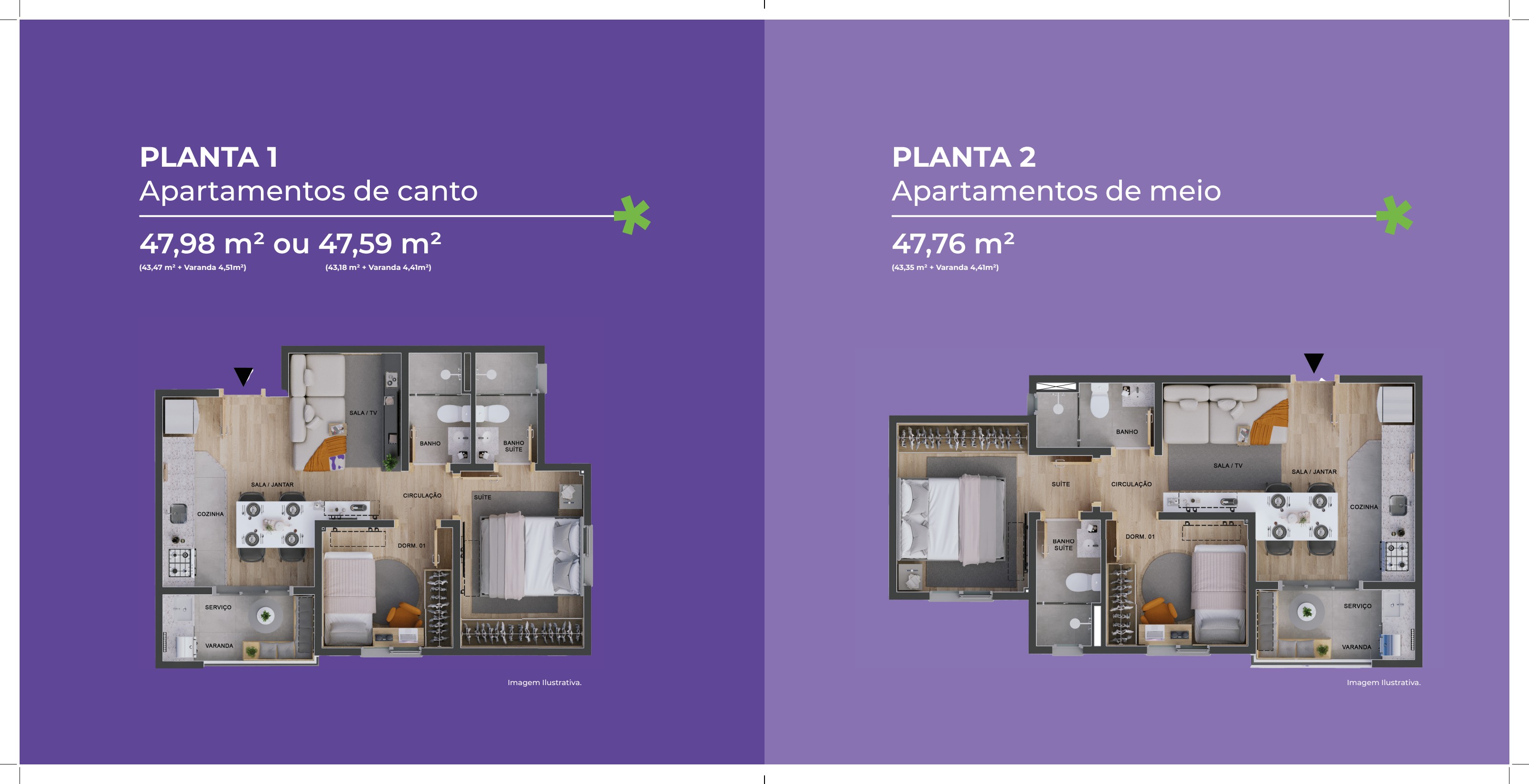 Plantas humanizadas dos apartamentos Liv. Mansões